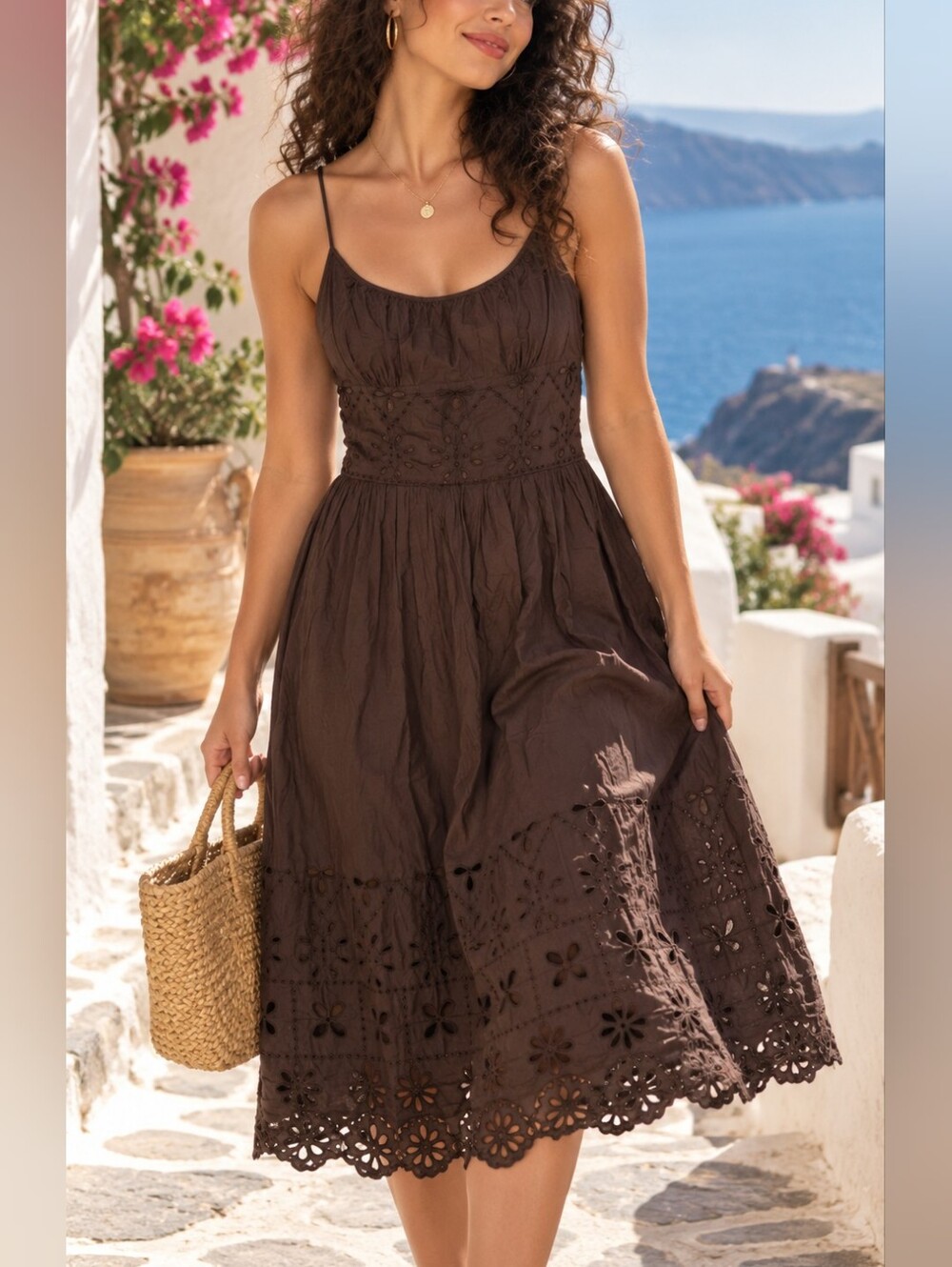 Loft by Ann Taylor Eyelet Midi Dress with Spaghetti Straps size 4